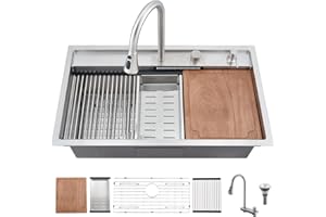 Waterfall Kitchen Sink Workstation, BoomHoze 33x19 Undermount Waterfall Kitchen Sink and Faucet Combo Set 16 Gauge Stainless Steel Dual Mount Kitchen Sink Single Bowl Deep Kitchen Sink Basin