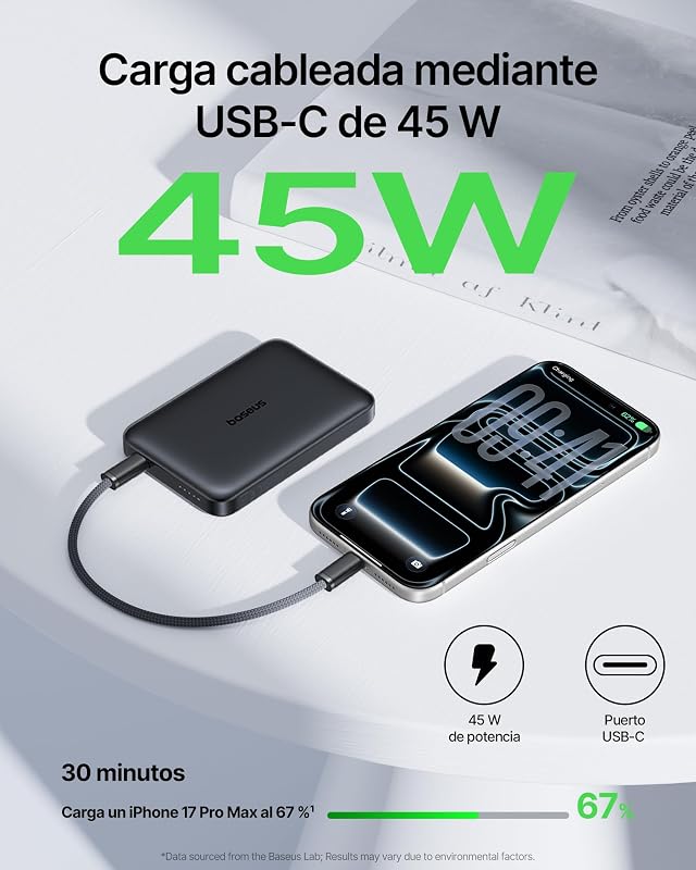 EnerFill FM21 Qi2.2 25W Powerbank Magsafe, Batería Externa Magnética 10000mAh, PD 45W USB C Carga Rápida, Power Bank Carga inalámbrica para iPhone 18，17, 16, 15 Pro MAX