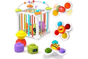 TOHIBEE Montessori Toys for 1 Year Old,Baby Sorter Toy Colorful Cube and 6 Pcs Multi Sensory Shape,Learning Activity for Fine Motor Skills,Suction Cup Toys,Gifts for Baby Toys 12-18 Months