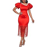 VERWIN Puff Sleeve Bodycon Dress Fringe Maxi Dress V Neck Tiered Tassels Short Sleeve Prom Dress