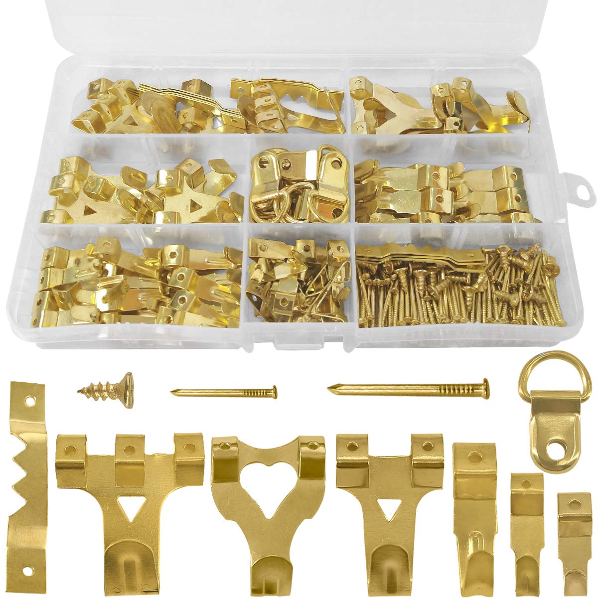 230 Pcs Picture Hooks Handy Box - Picture Hanging Kit for Picture Frame Fixing, Assorted Picture Hanger Set with Nails, Sawtooth, D Ring, Screw