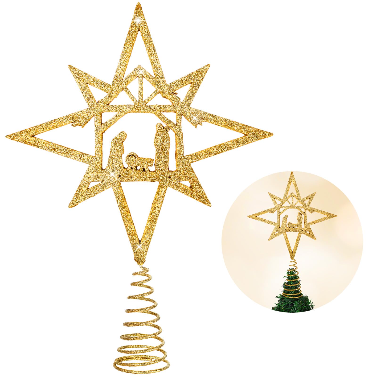 Photo 1 of Daifunli Gold Christmas Tree Topper Nativity Scene Bethlehem Star Tree Topper Wooden Star Tree Topper Christmas Tree Ornaments Xmas Table Decor for Indoor Winter Holiday Party Supplies