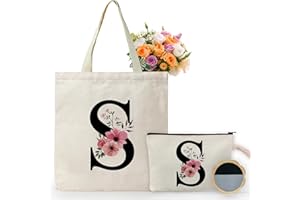 WIERAEM Initial canvas tote bag Makeup Bag for women A-T with zipper Suitable for everyday wear weddings birthdays friends