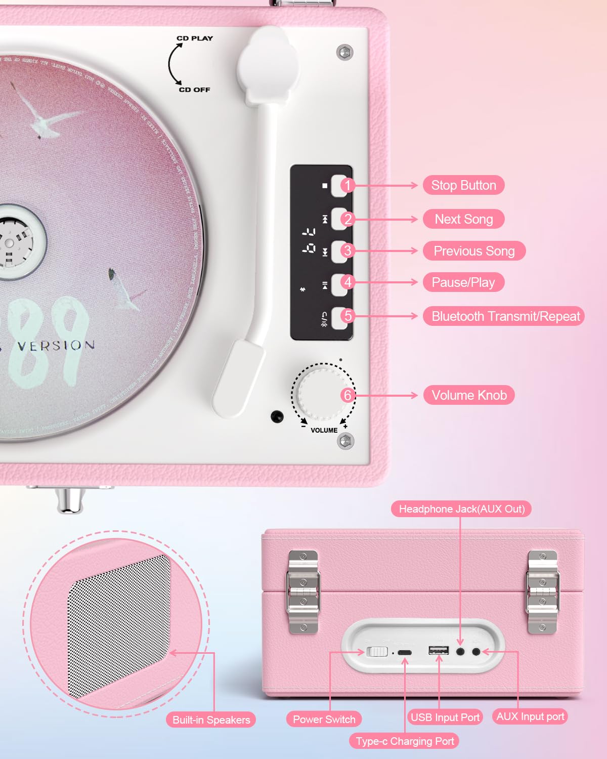 CD Player with Stereo Speakers, Wireless Bluetooth Input/Output Transmission, Rechargeable Battery, LED Screen USB Retro CD Player for Home