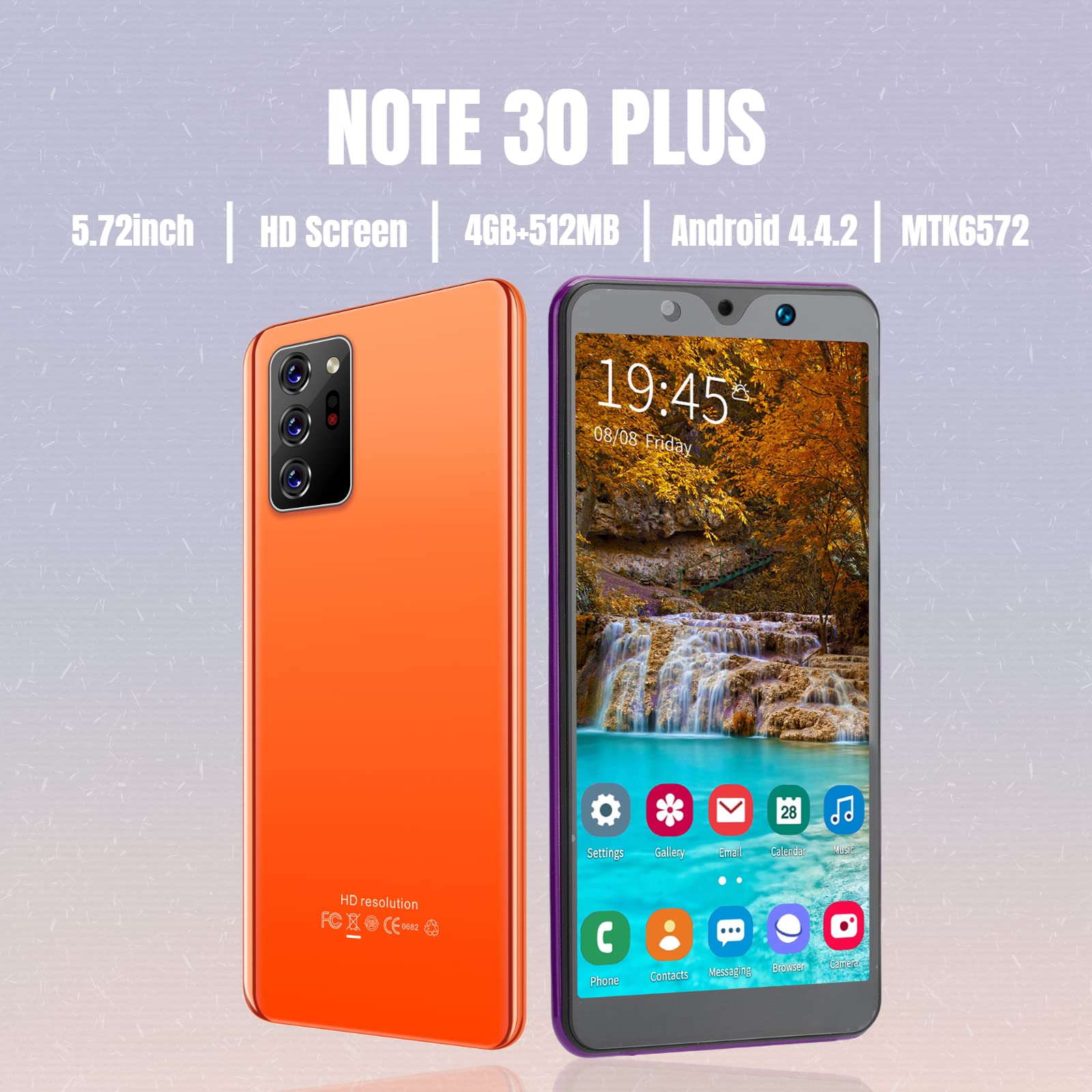 5.72in HD Full Screen Smart Phone, Note30 Plus Unlocked Smartphones, Dual Cards Dual Standby, 512MB+4GB Cell Phones, for Android 4.4.2, Support +BT+FM (Orange)