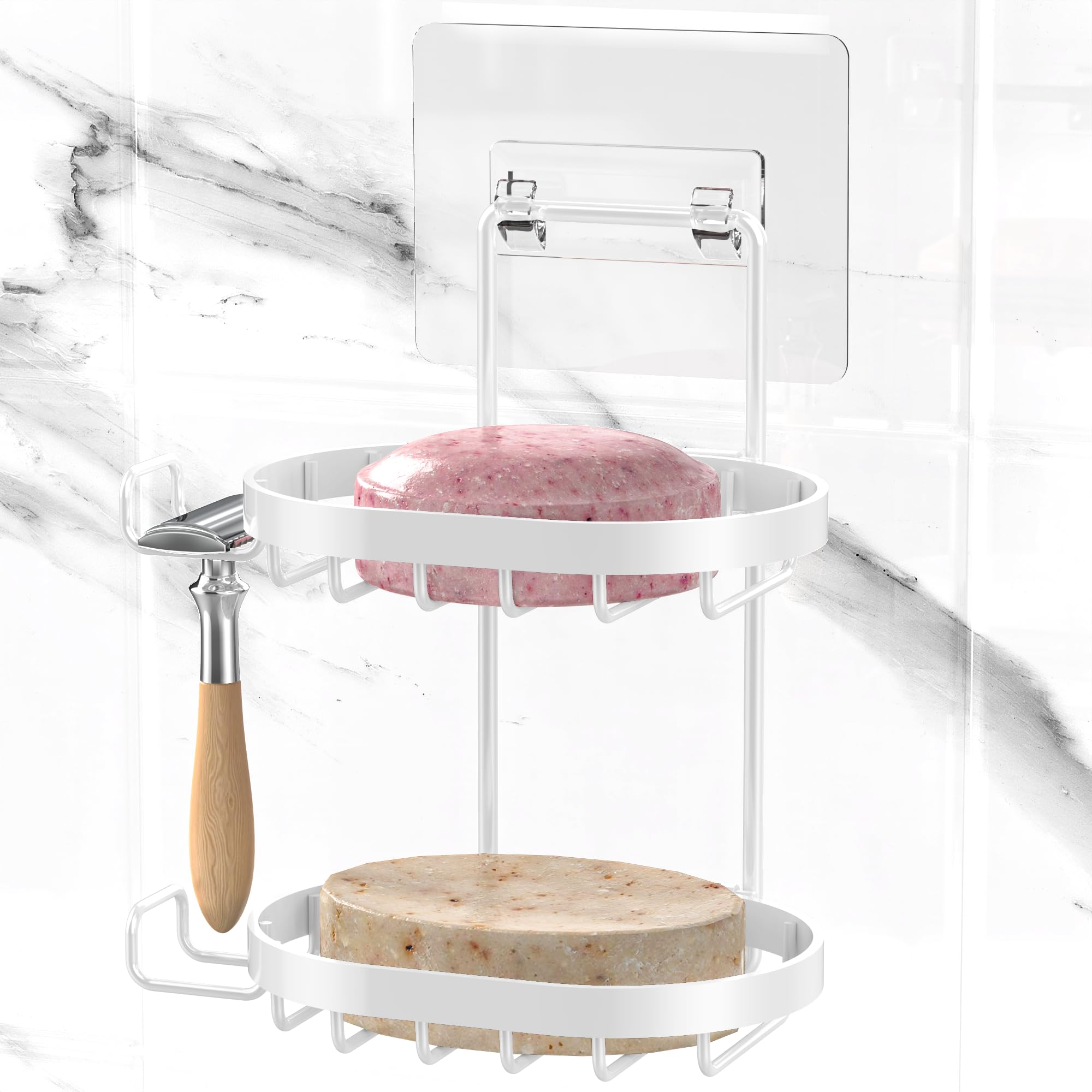 Photo 1 of MASADI 2 Tier Soap Dish Holder, Soap Bar Holder with Hooks, Shampoo Bar Caddy for Shower Wall, Razor Holder for Shower, Bar Soap Container 304 Stainless Steel, Bathroom(White)