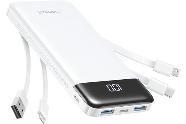 Portable Charger with Built in Cables, Portable Charger with Cords Wires Slim 10000mAh Travel Battery Pack 6 Outputs 3 Inputs 3A Fast Charging Power Bank for Samsung Google Pixel LG Moto iPhone iPad