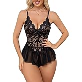Aranmei Women Sexy Lingerie Bodysuit V Neck Sheer Lace Mesh One Piece Babydoll Lingerie Romper