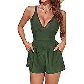 Smismivo Mesh Swim Romper for Women Tummy Control One Piece Swimsuit with Shorts and Pockets Slimming V Neck Bathing Suit