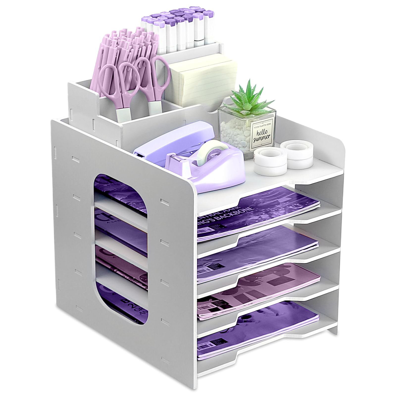 HMXLJJY Letter Tray Organiser, A4 Paper Filing Trays, 5-Tier Office File Tray, Desk File Tidy Organizer with Stackable Filing Tray, Desk Paper Organizer with Pen Holder (White)