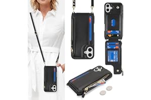 Cavor for iPhone 16 Case with Card Holder, Wallet Case for Women, for iPhone 16 Phone Case with Strap,Crossbody Lanyard and Wristlet Zipper Pocket-Black