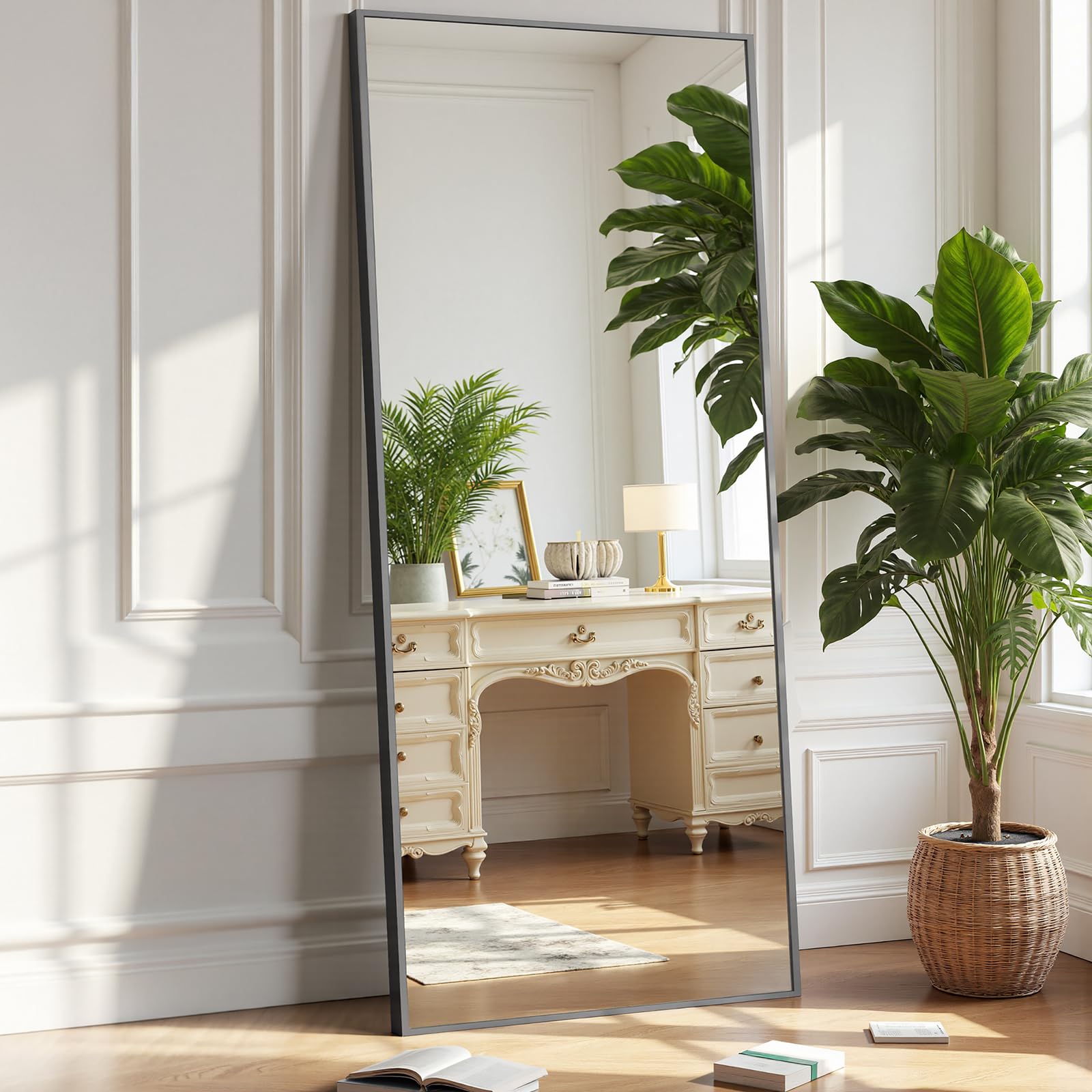 OLIXIS Full Length Mirror for Bedroom, 58"x19" Full Body Mirror with Stand, Hanging or Leaning for Wall, Aluminum Alloy Thin Frame Floor Standing for Living Room, Long, Black Image