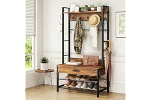 Recaceik Hall Tree with Bench and Shoe Storage, Entryway Coat Rack with Shoe Bench, Industrial Hall Tree with Drawers and 12 Hooks for Bedroom, Living Room