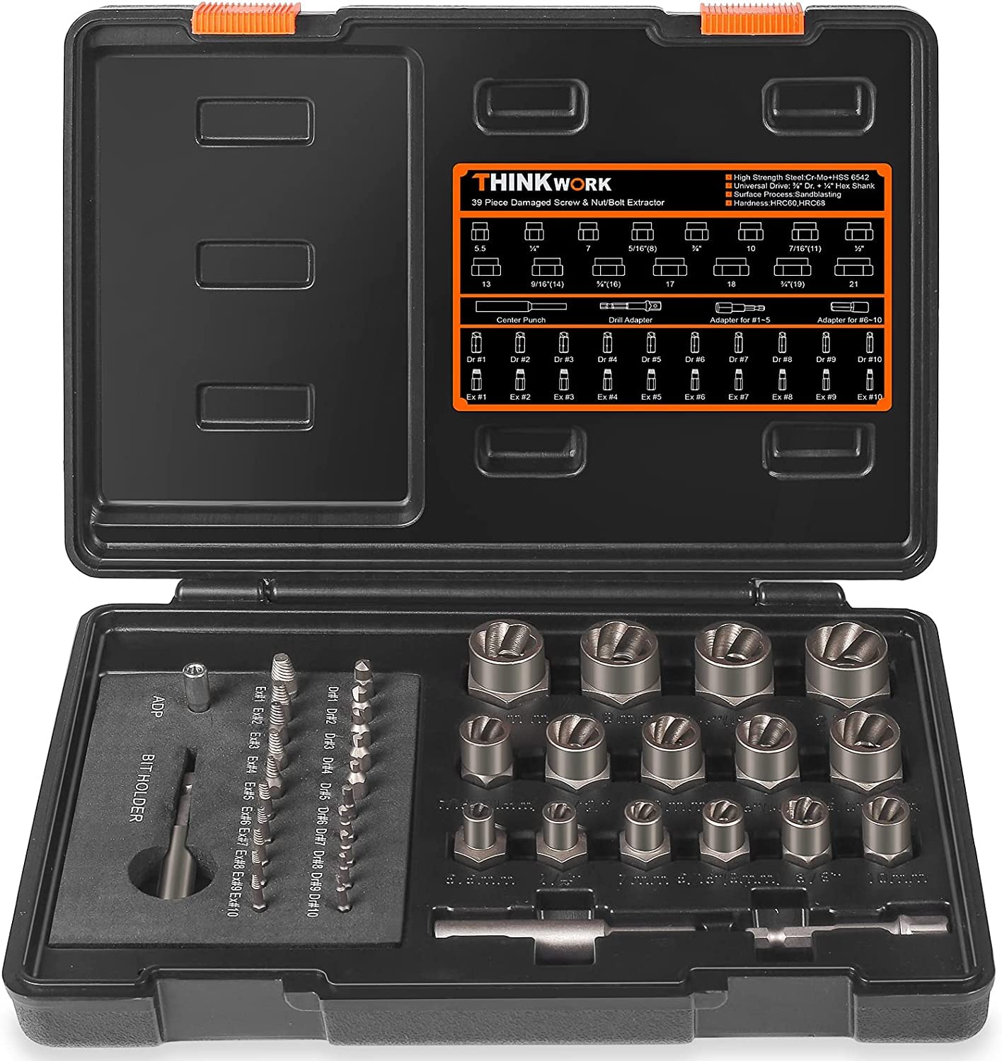 THINKWORK Damaged Screw Extractor Set & Bolt Extractor Set, 2-21mm, 39-Piece Stripped Screw Remover, Lug Nut Remover for Removing Damaged, Frozen, Rusted, Rounded-Off Bolts, Nuts & Screws