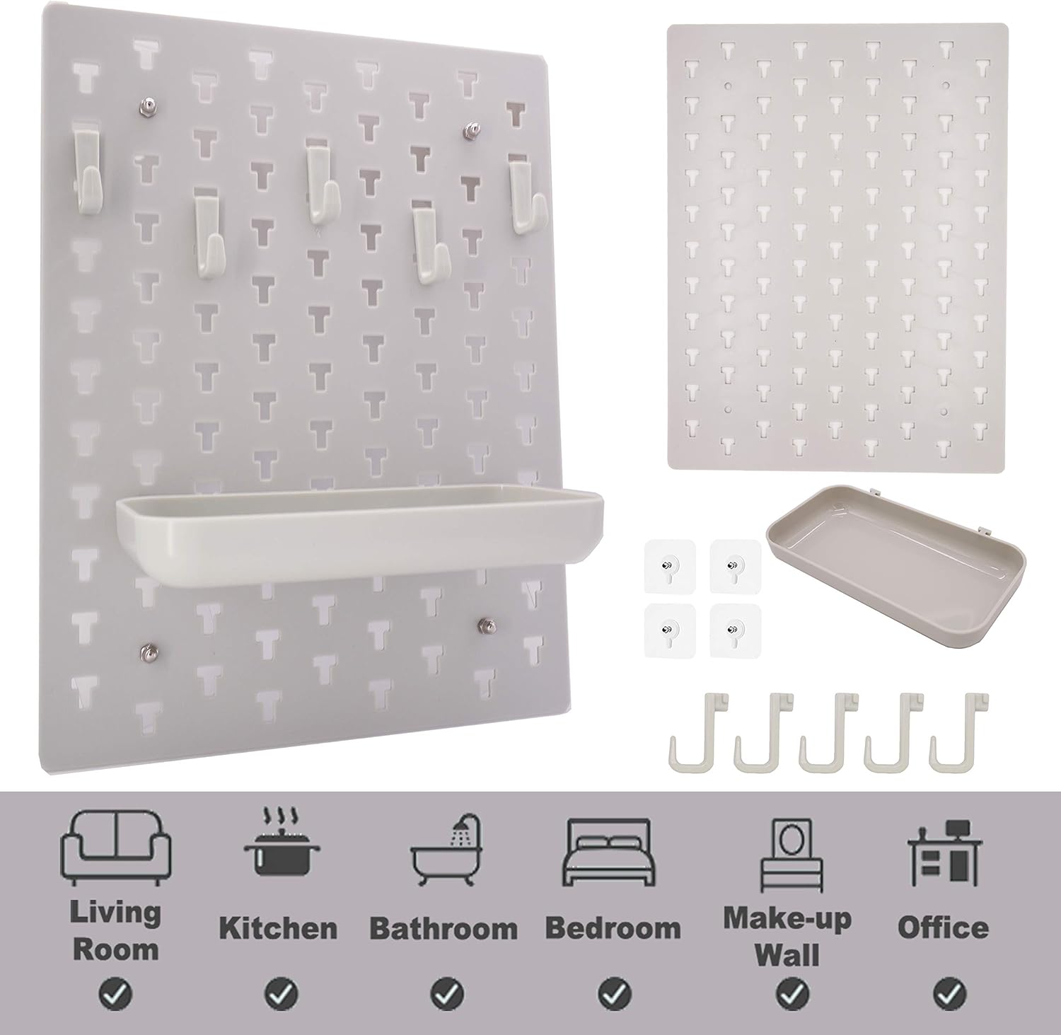 iiDesign Decorative Plastic Pegboard, EZ Mount Wall Shelf for Living Room Bathroom Kitchen Office, Wall Decor Storage Organizer (Grey)