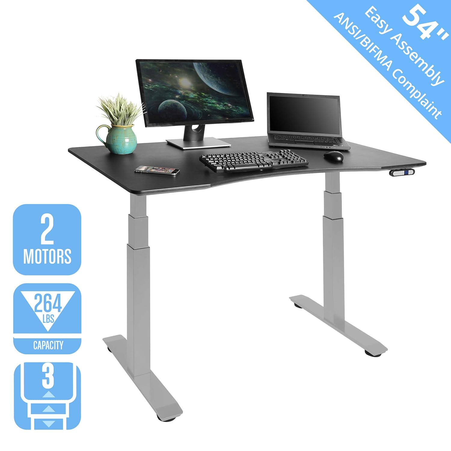 Seville Classics AIRLIFT S3 Electric Standing Desk with 54" Top, Dual Motors, 4 Memory Buttons, LED Height Display (Max. 51.4" H), 3-Section Base, Gray/Black