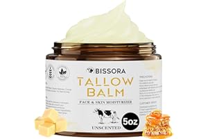 Bissora Beef Tallow for Skin, Organic Grass-Fed Beef Tallow Balm with Raw Honey & Jojoba Oil - Whipped Moisturizer for Face & Body - All-Natural Skin Care for Soft, Hydrated Skin (5 OZ, Unscented)