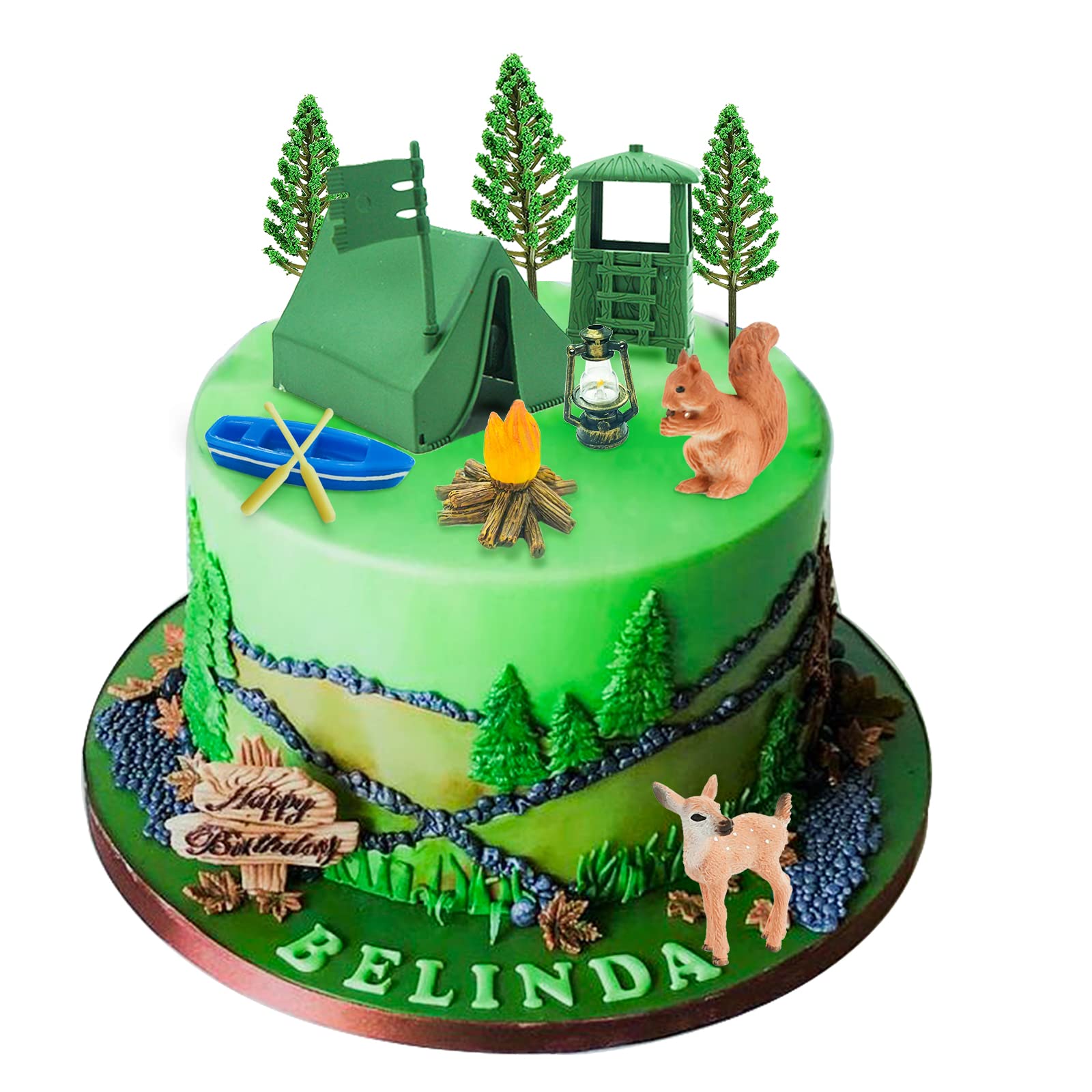 Morofme 13pcs Camping Cake Topper Fireside Camp DecoSet Tent Bonfire Canoe Tree Squirrel Deer Figures Camping Cake Decoration for Happy Camper Forest Summer Camping Picnic Hiking Adventure Theme Party
