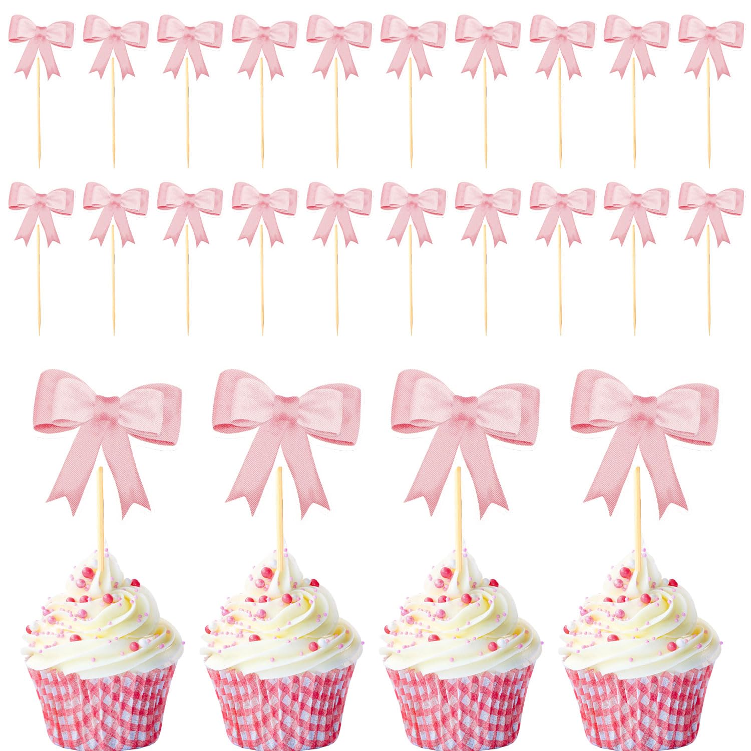 Photo 1 of 24pcs Pink Bow Cupcake Toppers, Bowknot Cake Toppers Cute Bow Tie Cupcake Picks Coquette Bow Cake Photo Props for Weddings Birthday Pink Theme Party Decorations
