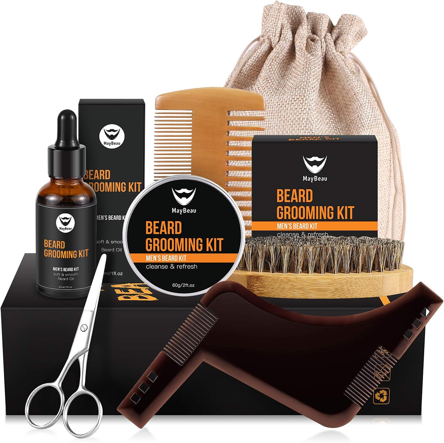 MayBeau Beard Grooming Kit for Men-Contains Unscented Beard Balm Beard Oil Beard Comb Beard Brush Scissors Shape Tool and Canvas Bag Perfect Present for Dad Husband