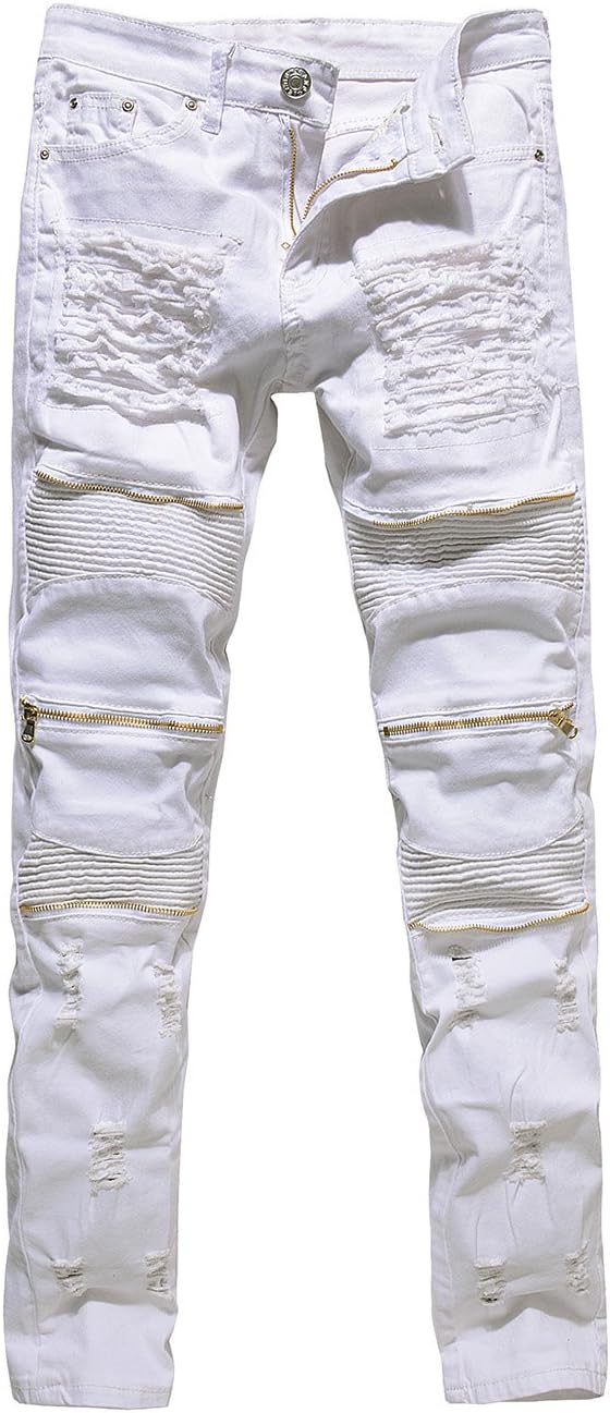 HARRIMen's Distressed Ripped Biker Moto Denim Trousers Pants Slim Fit Zipper Jeans