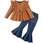 Sislerew Toddler Girl Clothes Solid Color Ruffle Bowtie Top and Flare Pants 2Pcs Winter Fall Girl Outfits