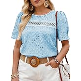 Eytino Plus Size Tops for Women Crewneck Puff Short Sleeve Summer Loose Casual Tshirts Blouse(1X-5X)