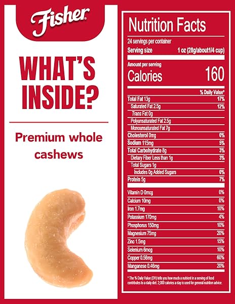 FISHER SNACK PREMIUM WHOLE CASHEWS, 24 OUNCES, ROASTED WITH SEA SALT, NO ARTIFICIAL COLORS OR FLAVORS, 100% RECYCLABLE
