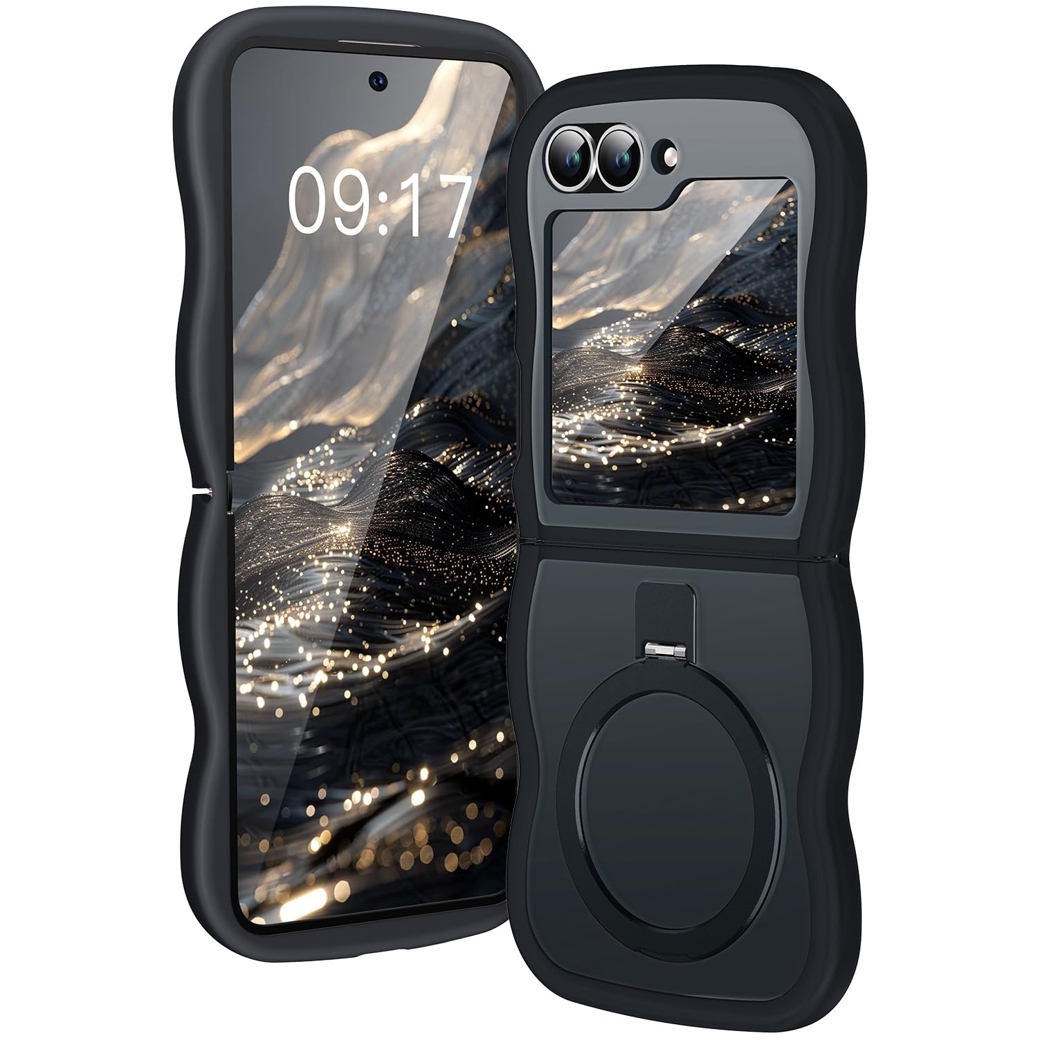 KMAMBAG [Magnetic Stand & Wave Frame] Case for Samsung Galaxy Z Flip 6 Not Yellowing Translucent Z Flip 6/5 Phone Ring Cover for Women Men 7.6" Black