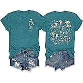 GEMLON Sunset Pine Tree Tshirt Women Camping Tshirt Retro Sun Print Graphic Tee Casual Short Sleeve Top