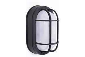 CORAMDEO Outdoor 8.5” Oval LED Nautical Bulkhead Light, Flush Mount for Wall or Ceiling, Wet Location, 75W of Light, 800 Lumens, 3K, Black Cast Aluminum with Frosted Glass Lens