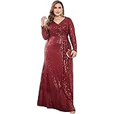 XUIBOL Plus Size Glitter Sequin Formal Evening Gown Long Sleeve V Neck Wedding Guest Dress for Women