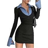 MakeMeChic Women's Spring Outfits Gingham Bodycon Mini Dress Long Sleeve Collared 2 in 1 Business Casual Dress