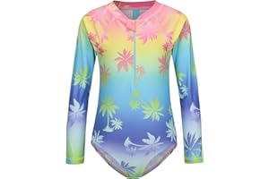 Aisyee Girls One Piece Swimsuits Long Sleeve Rash Guard Kids Hawaiian Bathing Suit UPF 50+ Swim Shirts 3-16 Years