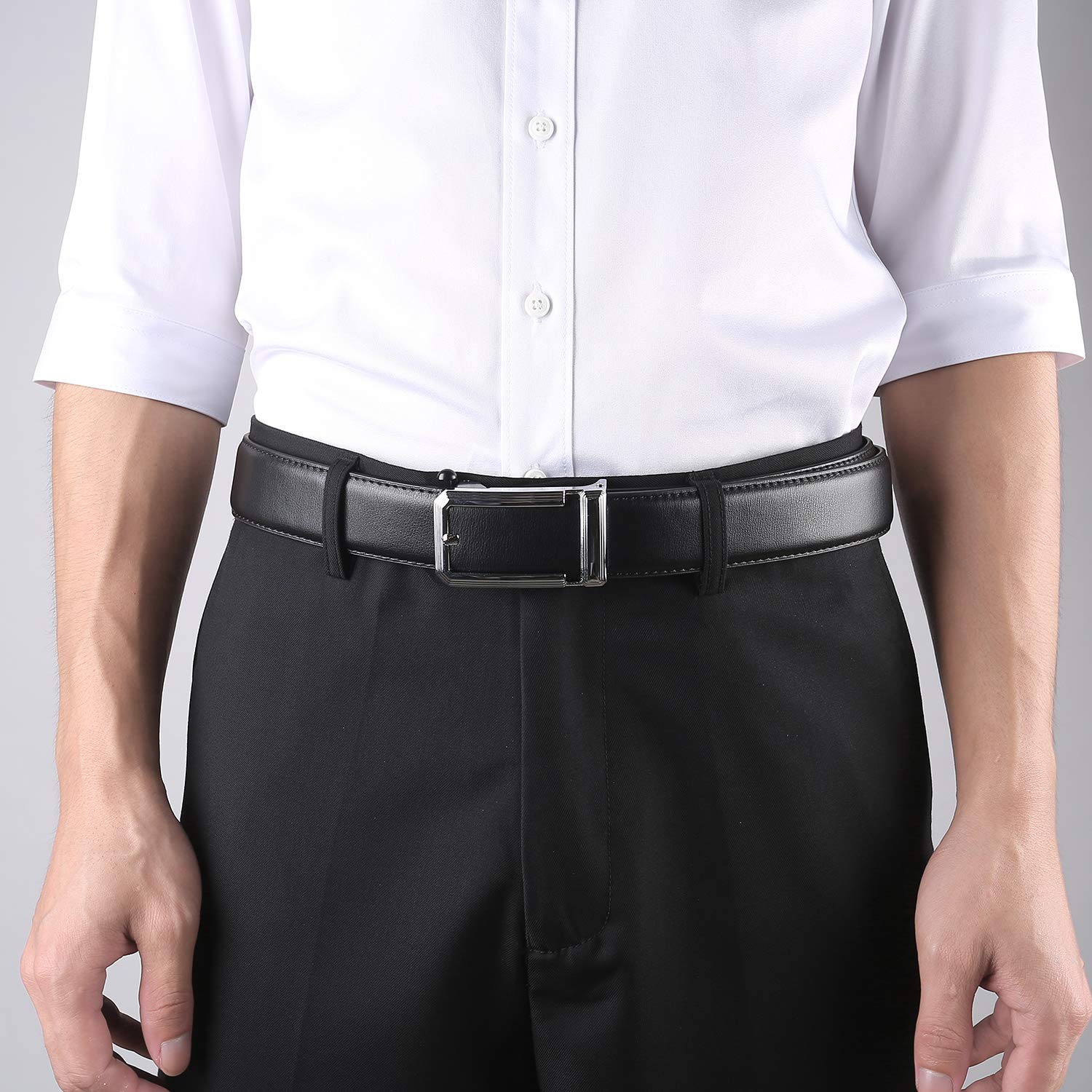 ZHENGYUN Men Adjustable Black Leather Belt, Work Belt, Slide Ratchet Automatic Click Buckle Dress Belts for Jeans Pants Silver L(130CM)