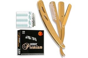 Equinox International, Professional Straight Edge Razor With 100 Single Derby Blades Stainless Steel Razor & Blades, Close Shaving Men's Manual Shaver, Disposable Blades - Barber Kit, Gold