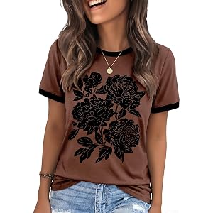 Womens T Shirts Graphic Tees Summer Short Sleeve Tops Vintage Floral Shirts | Boho Tops for Women Crewneck Flowers Tshirt Tea