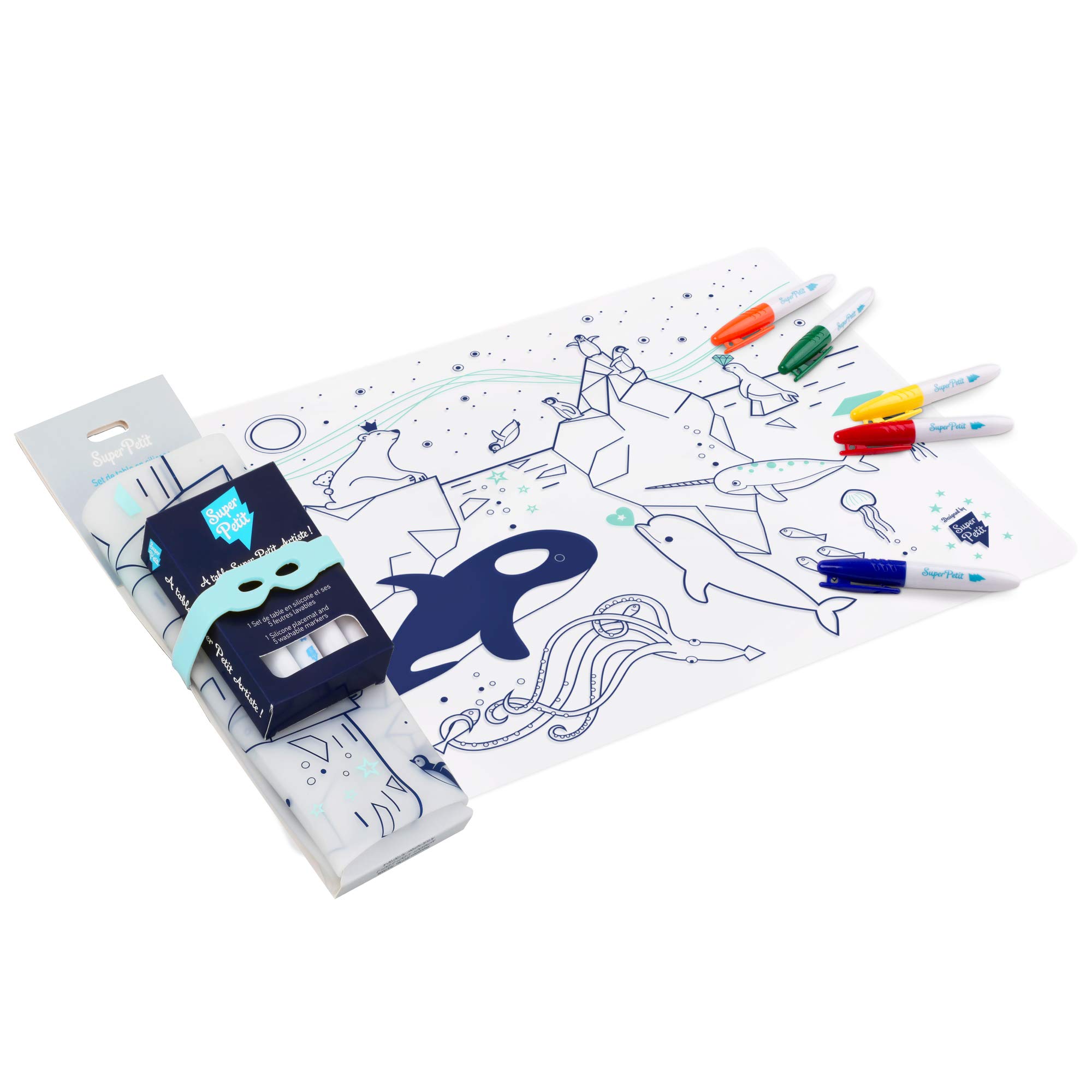 SUPER PETIT - Educational Game - Colouring Placemat - Ice Pack Theme Colouring - 5 Felt-Tip Pens and Bracelet Included - Easy to Clean - Reusable - Antibacterial - for Ages 3+