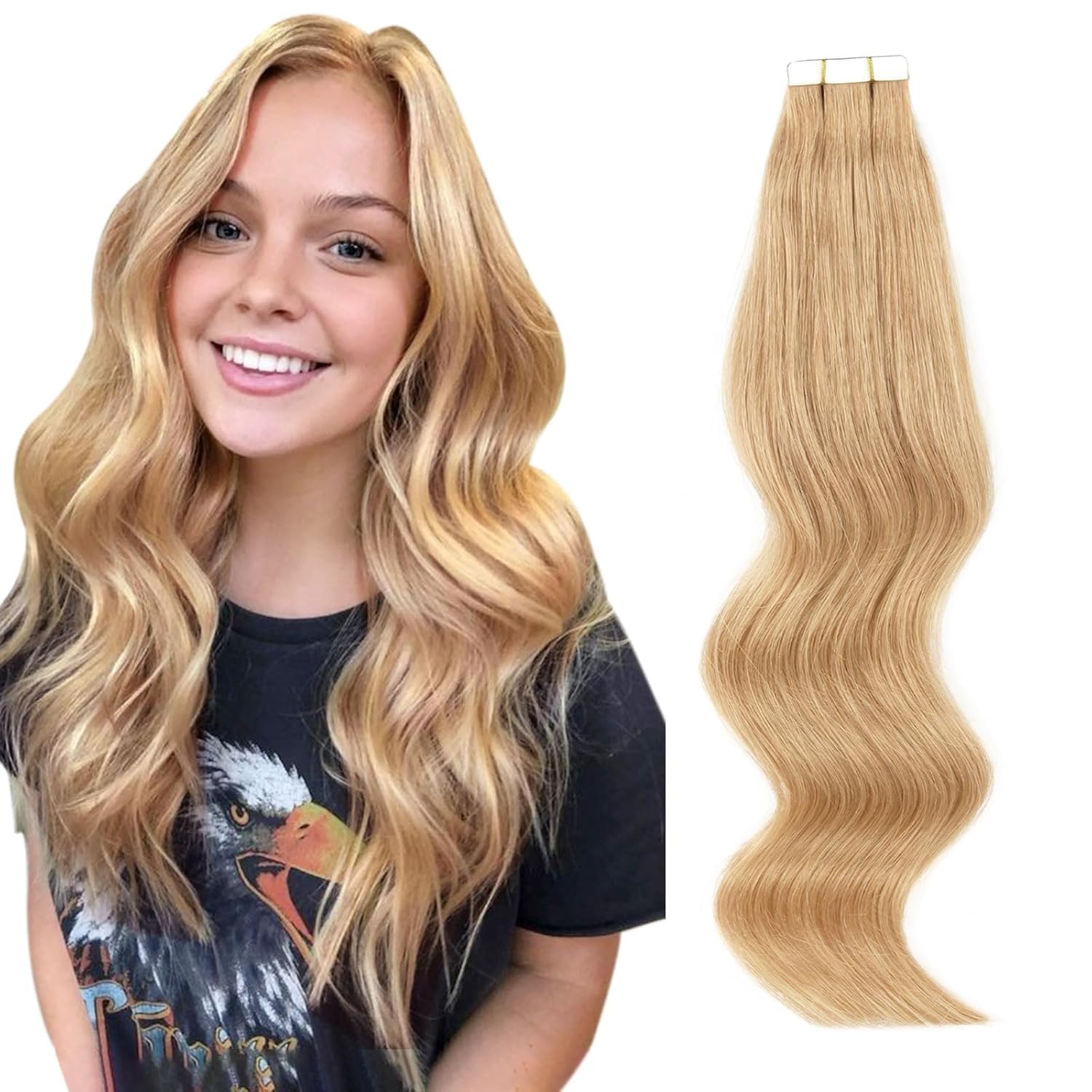 ABH AmazingBeauty Hair Semi-permanent Real Remi Remy Human Tape in Hair Extensions 50g 20pcs Skin Weft Tape Attached Invisible Seamless Reusable Dark Dirty Blonde Color 12, 18 Inch — image 1