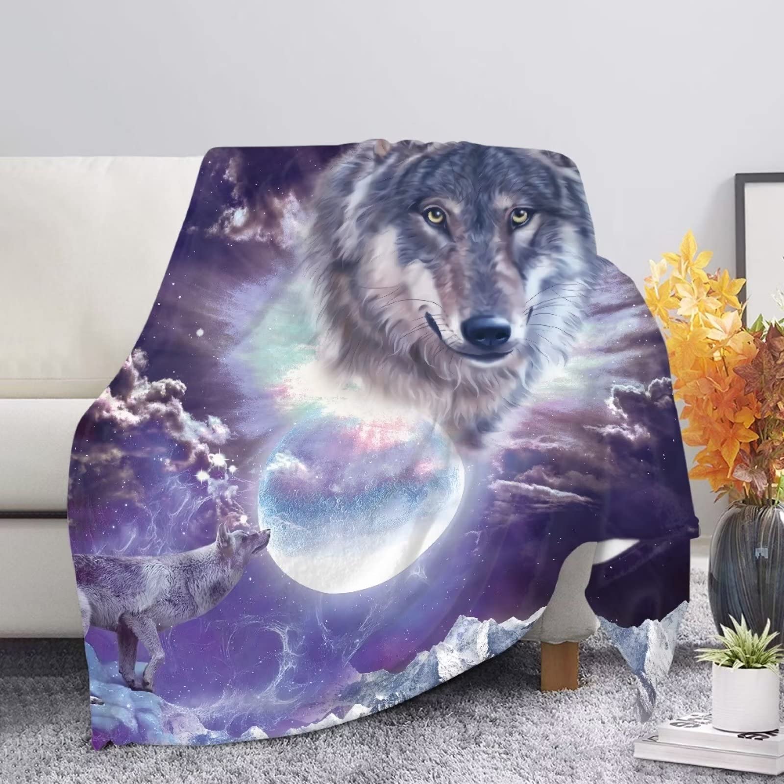 Suhoaziia Moon Wolf Fleece Throw for Adult Winter Warm Fluffy Soft Flannel Cozy Blanket Bed Sofa Blanket Throw