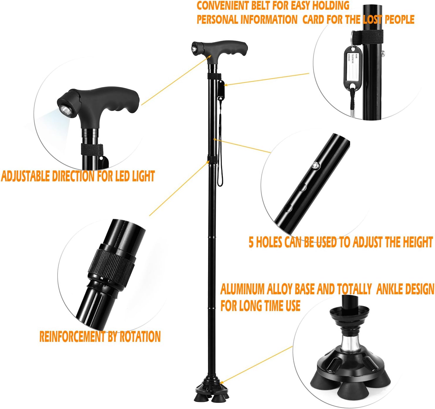 BigAlex Folding Walking Cane with LED Light,Pivoting Quad Base,Adjustable Walking Stick with Carrying Bag for Man/Woman: Health & Personal Care