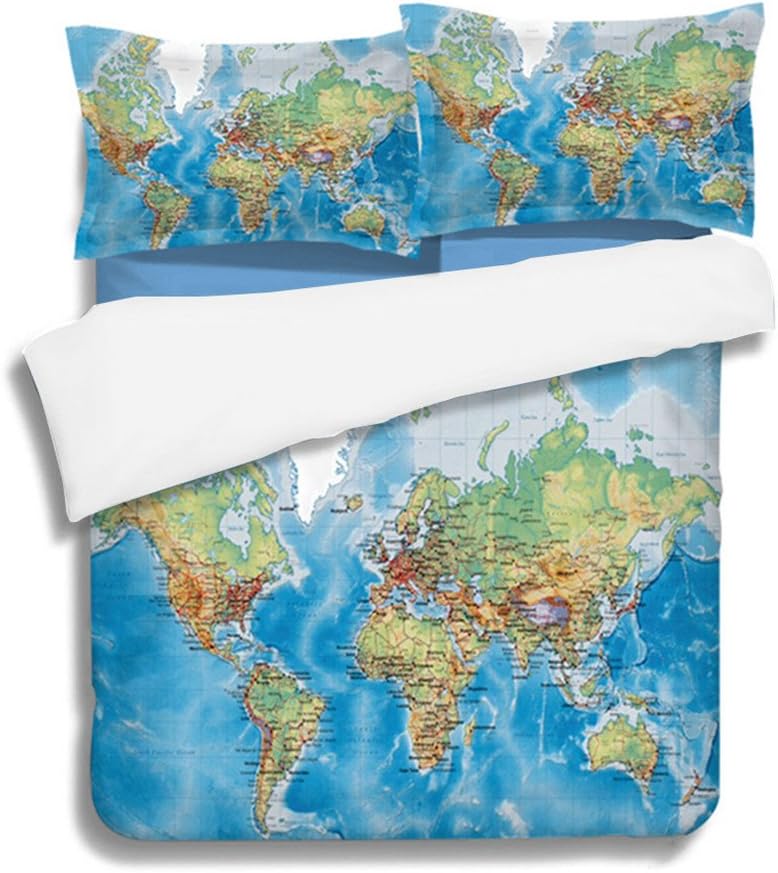 Blue World Map Design Very Soft Fabric Duvet Cover Set Bedding Sets Include Duvet Cover, Pillowcases (UK Double(200x200 cm)- for 1.5M bed) [Energy Class A+++]