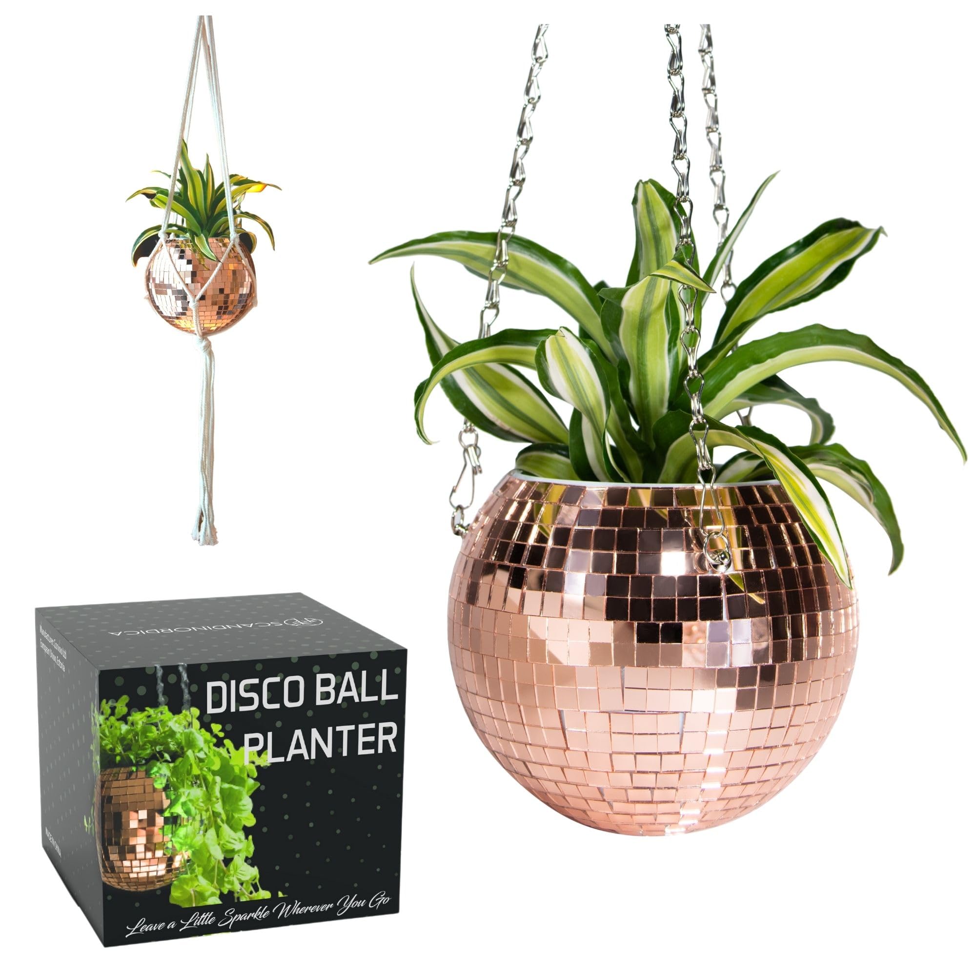 SCANDINORDICA Disco Ball Planter – Disco Ball Plant Hanger, Mirror Disco Glitter Planter with Chain and Macrame Rope, Boho Hanging Planter | Disco Ball Decor – 15 cm (6“) Rose Gold — image 1