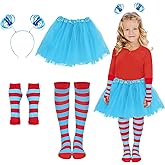 MSZWTDZX Blue Tutu Skirt, Ponytail Headband, Blue Red Striped Fingerless Gloves, Over Knee High Socks