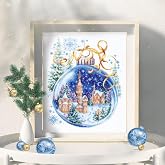 Wizardi Village Magic Needle Counted Cross Stitch Kit - Christmas Bauble | A sparkling blue-ornament design, comes with Aida cloth, embroidery floss, needle, chart, xmas wall art, model 70-37