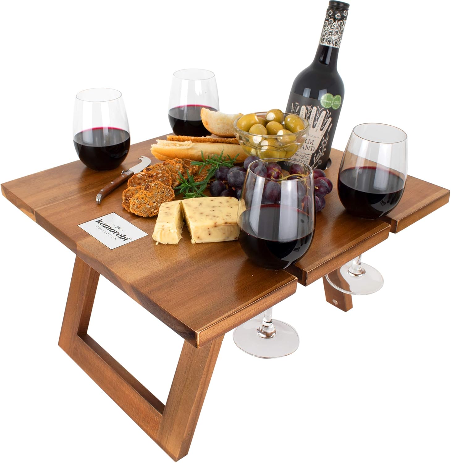 Komorebi Portable Folding Wine and Champagne Picnic Table - Lightweight Custom Acacia Wood Table - Foldable Legs, Food-Safe Top, Bottle & Glass Holders - Perfect for Camping, Beach, Outdoor Dinner: Kitchen & Dining