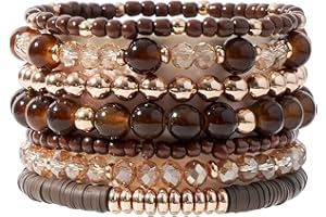 GOOJIDS Surfer Heishi Clay Bead Bracelets for Women Bohemian Stackable Gold Plated Beaded Stretch Bracelets Elastic Layering Friendship Bracelets Set Boho Jewelry