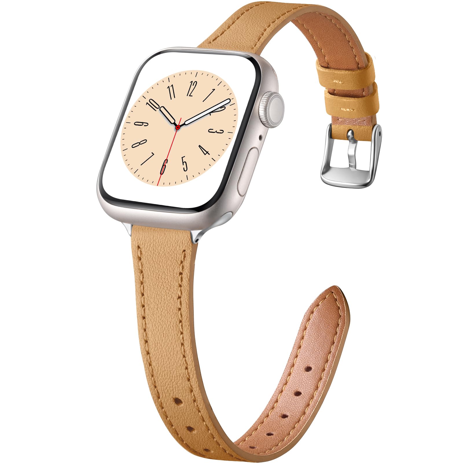 Charlam Compatible with Apple Watch Bands for Women 41mm 40mm 38mm 42mm 44mm 45mm 46mm,Top Grain Soft Leather Bands for Slim Wristband for iWatch SE,iWatch Series 11 10 9 8 7 6 5 4 3 2 1,Camel/Silver
