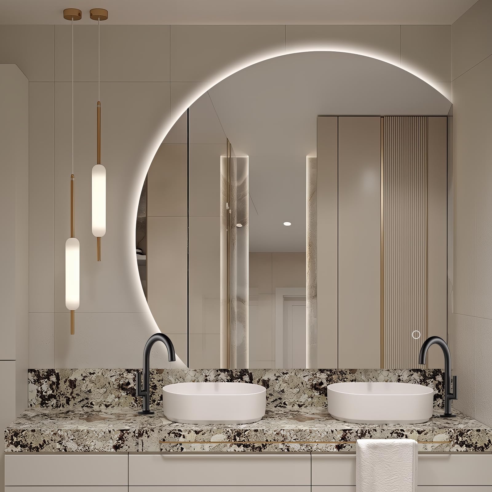Photo 1 of ***LED LIGHTING STRIP NOT ATTACHED TO MIRROR*** Niccy Half Moon LED Mirror for Bathroom, 40" Semi Backlit Mirrors Frameless Makeup Mirror with Light, Anti-Fog, Shatter-Proof, 3 Colors, Smart Vanity Mirrors