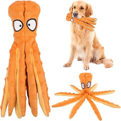 RAYITO Octopus Dog Toy No Stuffing Squeaky Crinkle for Small Medium Dogs Orange